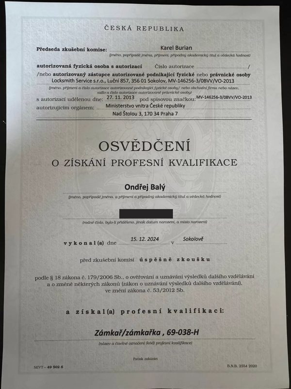 Osvědčení o získání profesní kvalifikace Zámkař/zámkařka 69-038-H